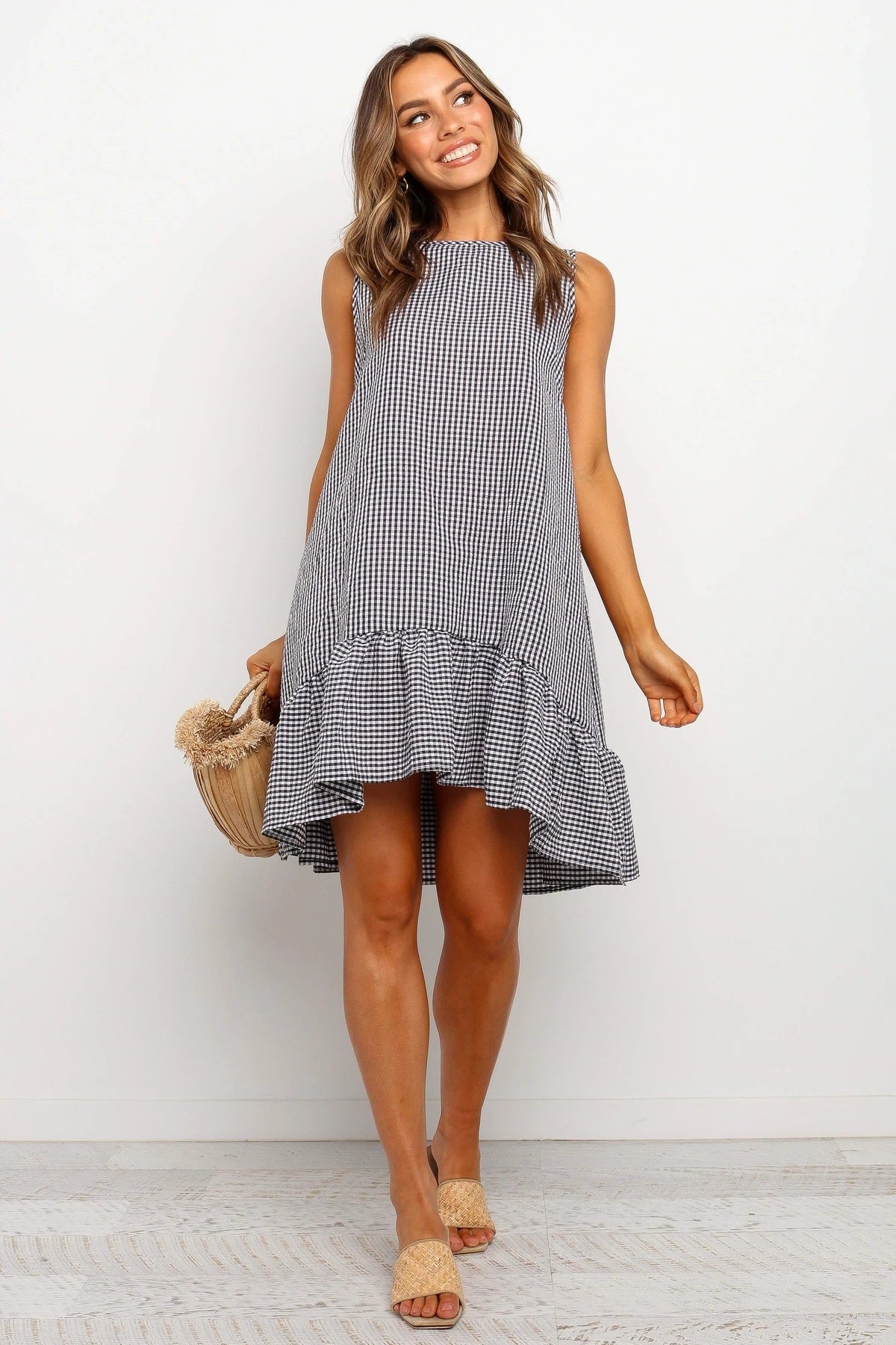 Gingham Round Neck Sleeveless Ruffle Hem Mini Dress