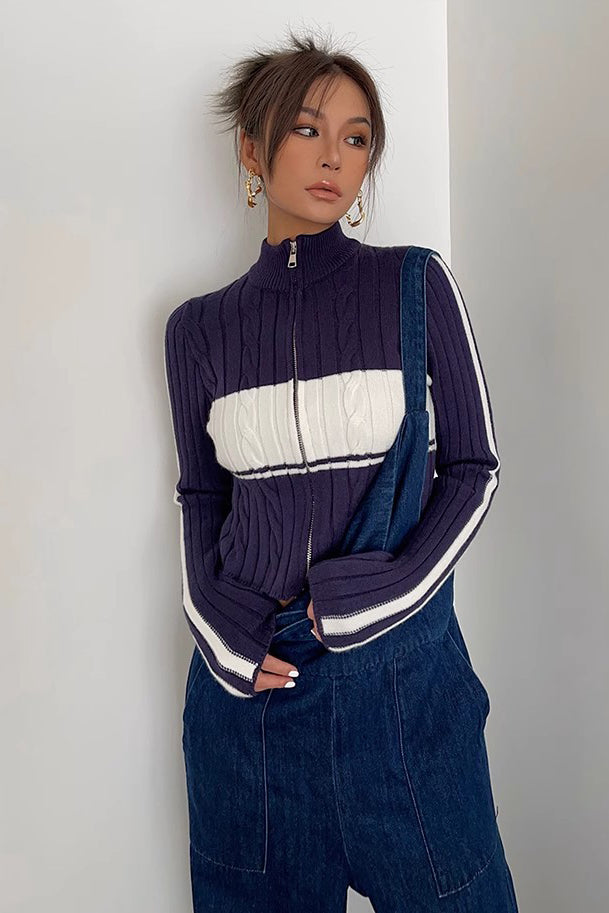 Zip Detail Contrast Cable Knit Cardigan for Elegant Style