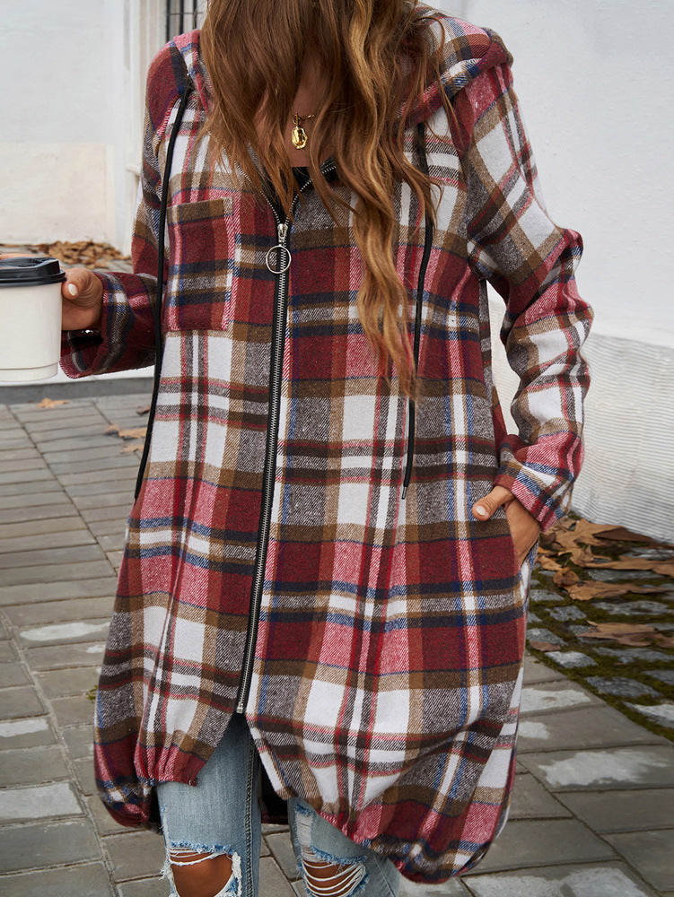 Stylish Plaid Zippered Hooded Long Jacket for Modern Looks