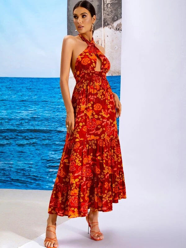Plum Floral Backless Halter Mini Dress