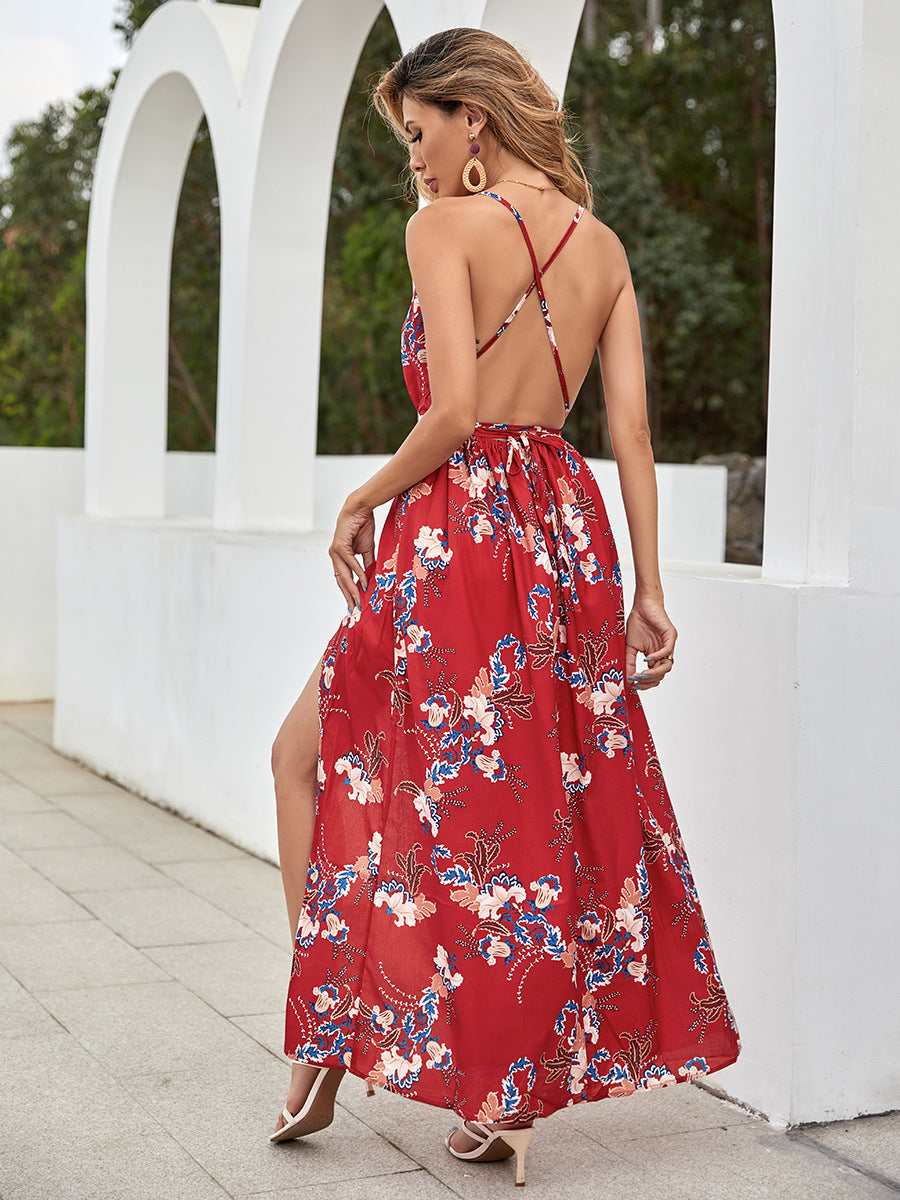 Floral Print V-Neck Wrap Maxi Dress