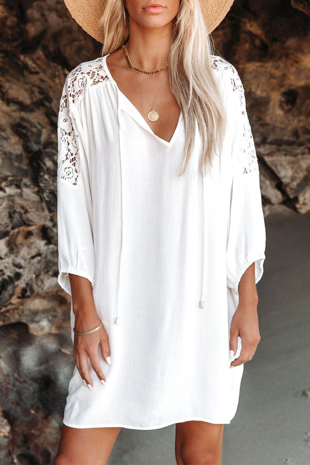 Lace V-Neck Long Sleeve Shift Mini Dress
