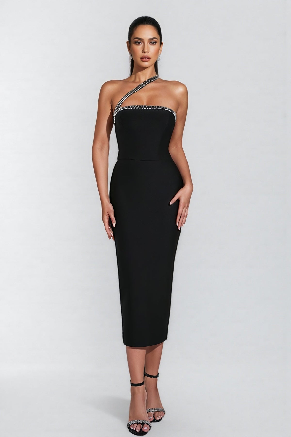 Crystal Trim Asymmetric Strap One Shoulder Bodycon Bandage Midi Dress