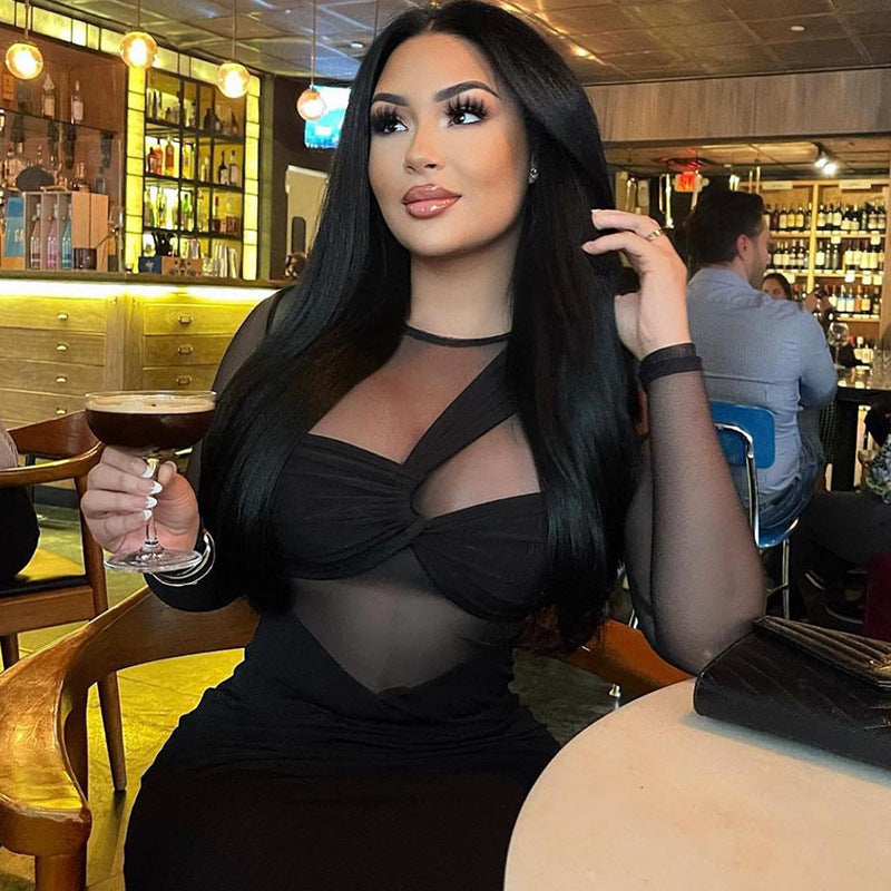 Mesh Long Sleeve Twist Bust Cut Out Bodycon Midi Dress - View 2