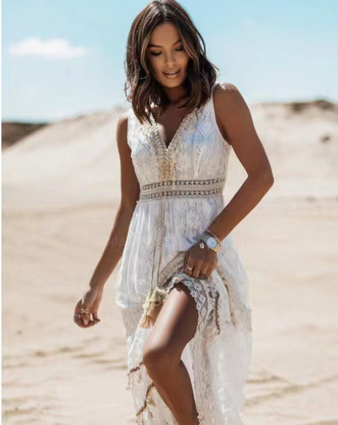 Lace Sleeveless V-Neck Lace Up Bust Crochet Waist Midi Dress - View 8