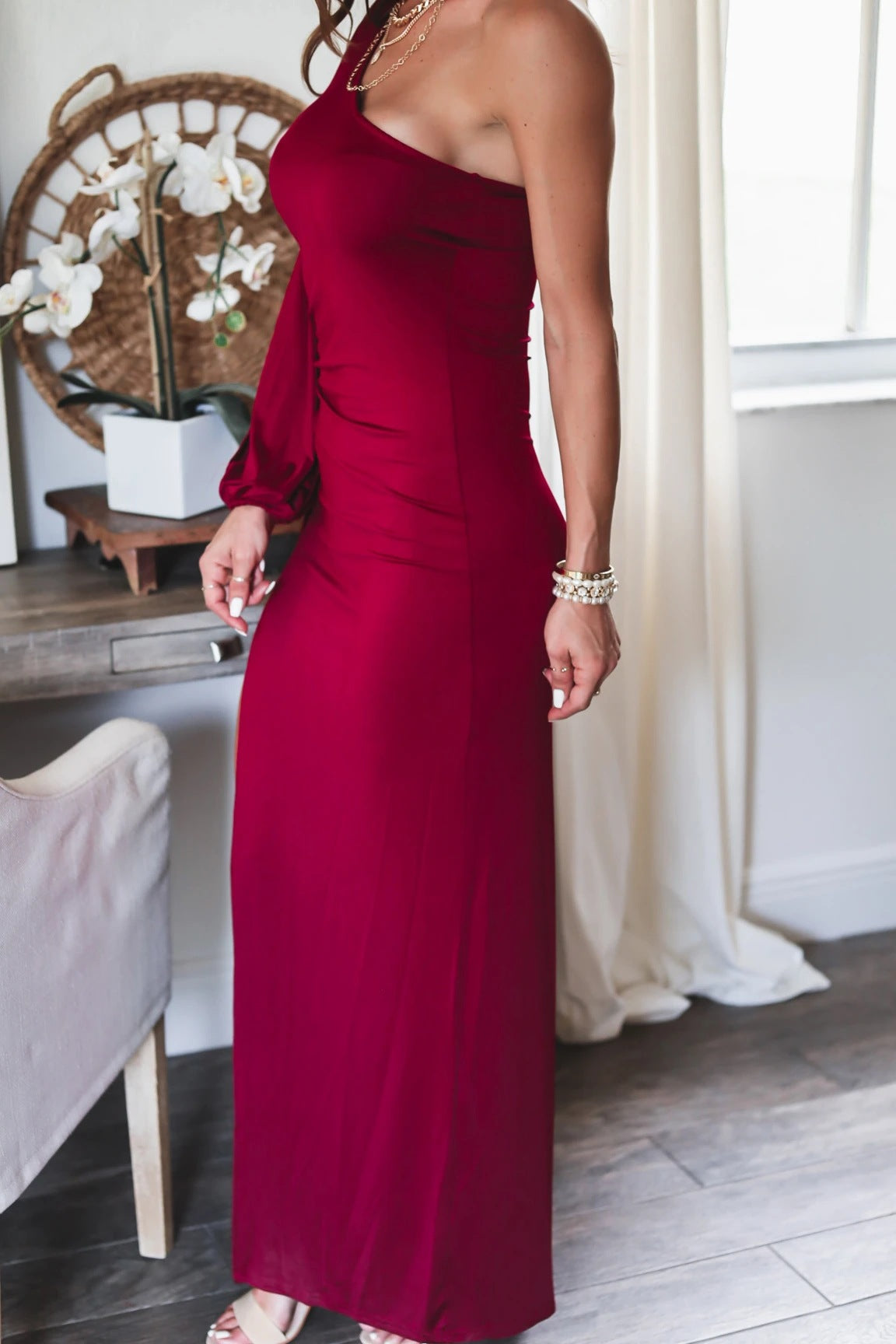 One Shoulder Long Sleeve Ruched Slit Gown