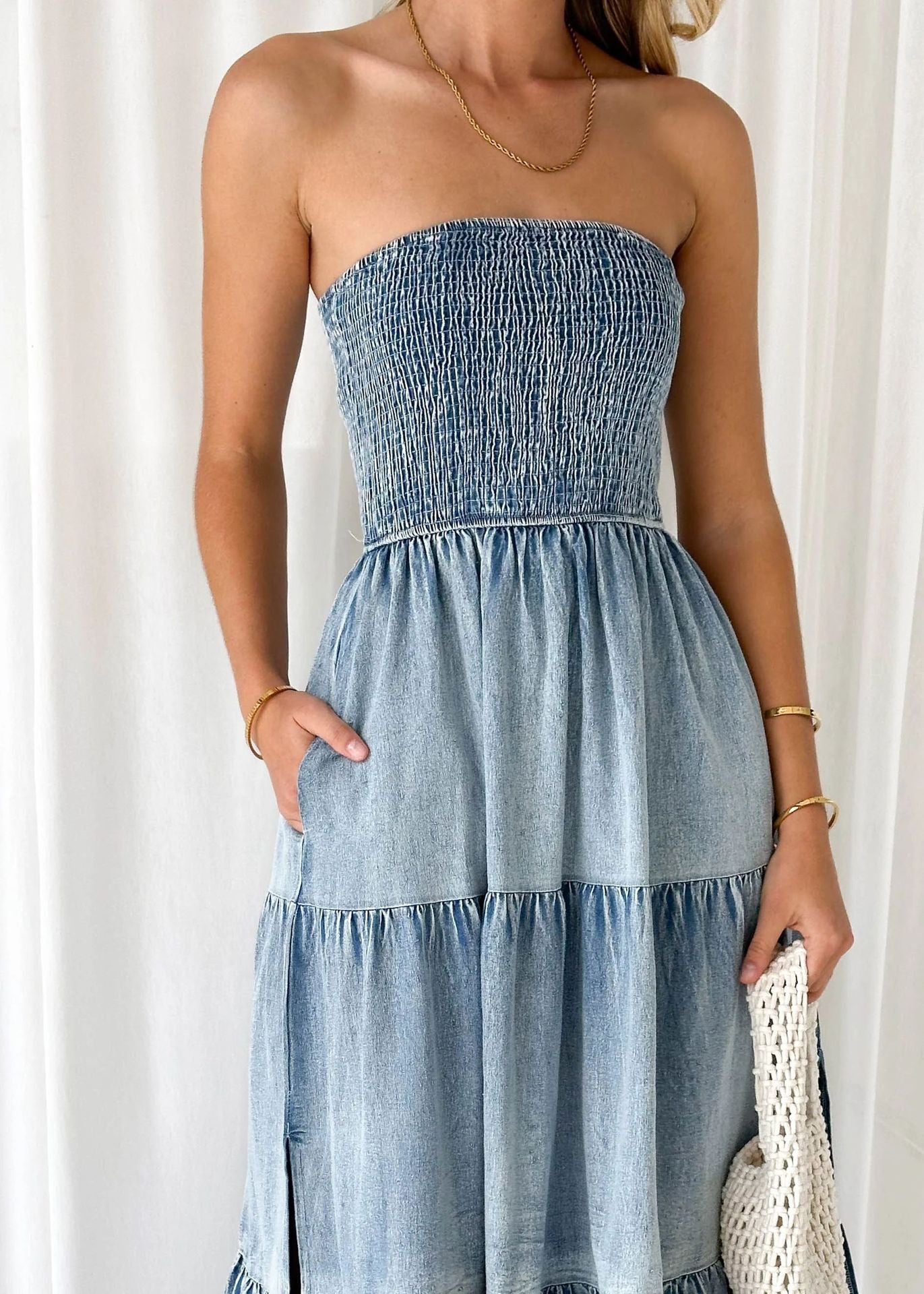 Sleeveless Strapless Side Slit Layered Denim Dress with - Fashionpara