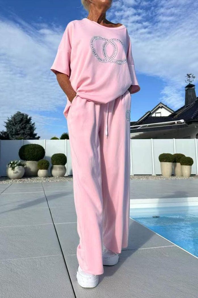 Rhinestone drop shoulder sleeve T-shirt wide-leg pants two-piece set