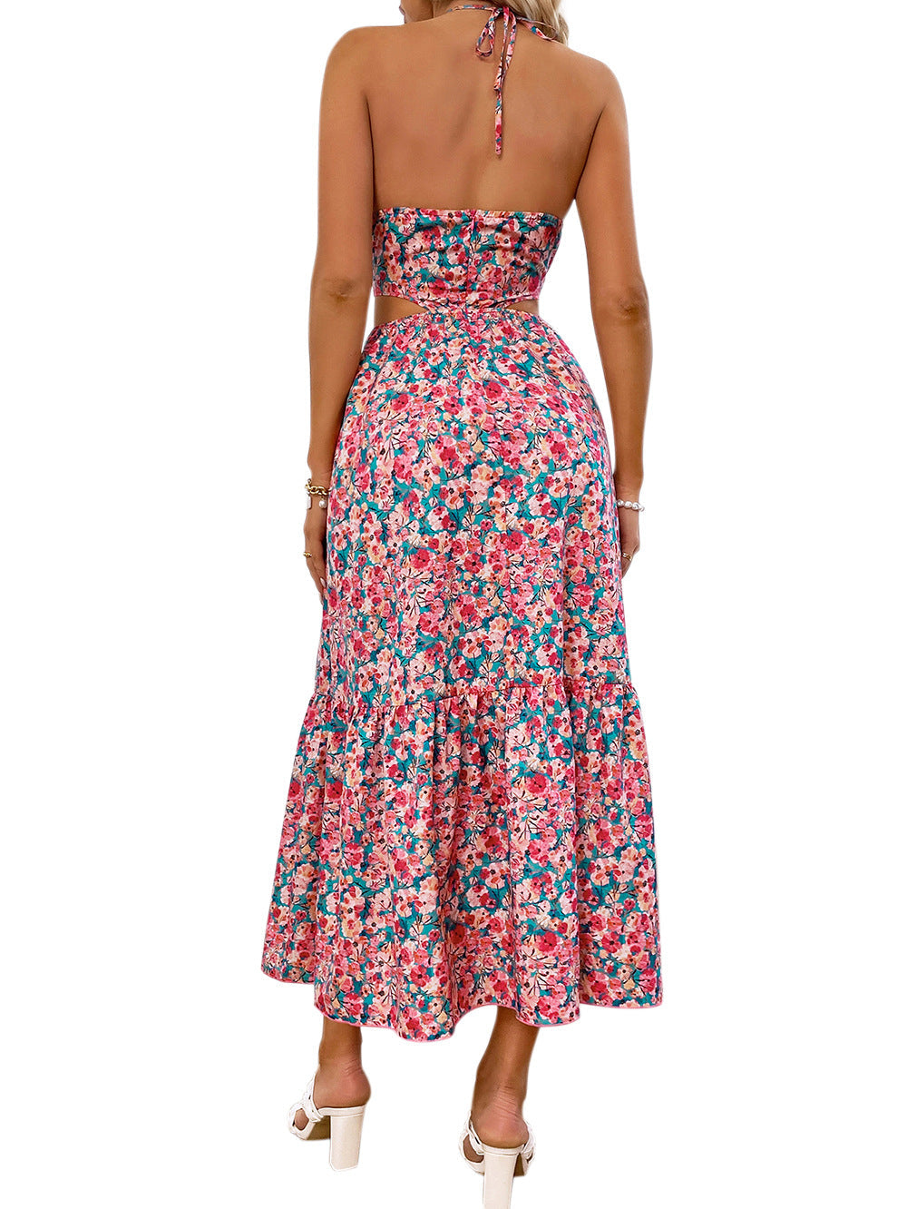 Floral Print Halter Neck Cut Out Tiered Midi Dress