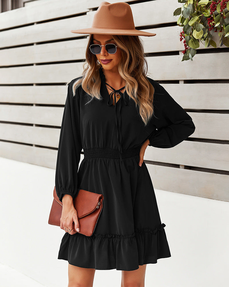 Chiffon Tie Neck Long Sleeve Ruffle Hem Mini Dress