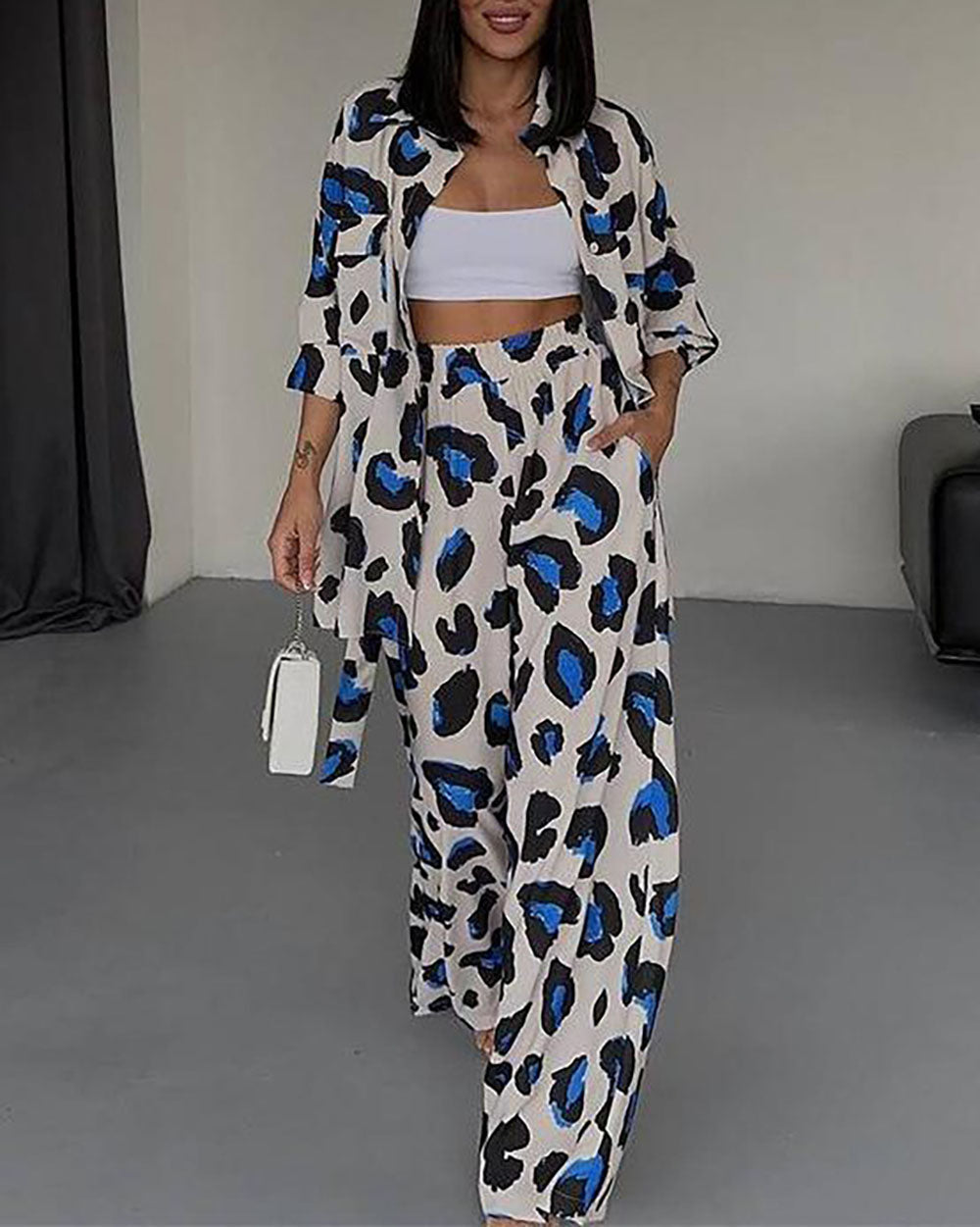 Leopard Print Long Sleeve Shirt Wide Leg Pants Two-Piece Set - Fashionpara