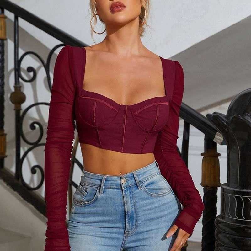 Fern Puff Long Sleeve Ruched Corset Top