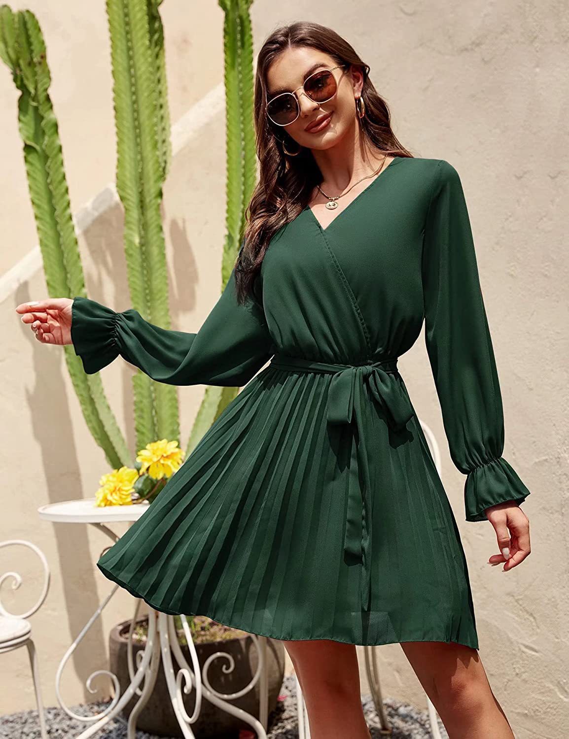 V-Neck Long Sleeve Pleated Fit & Flare Mini Dress