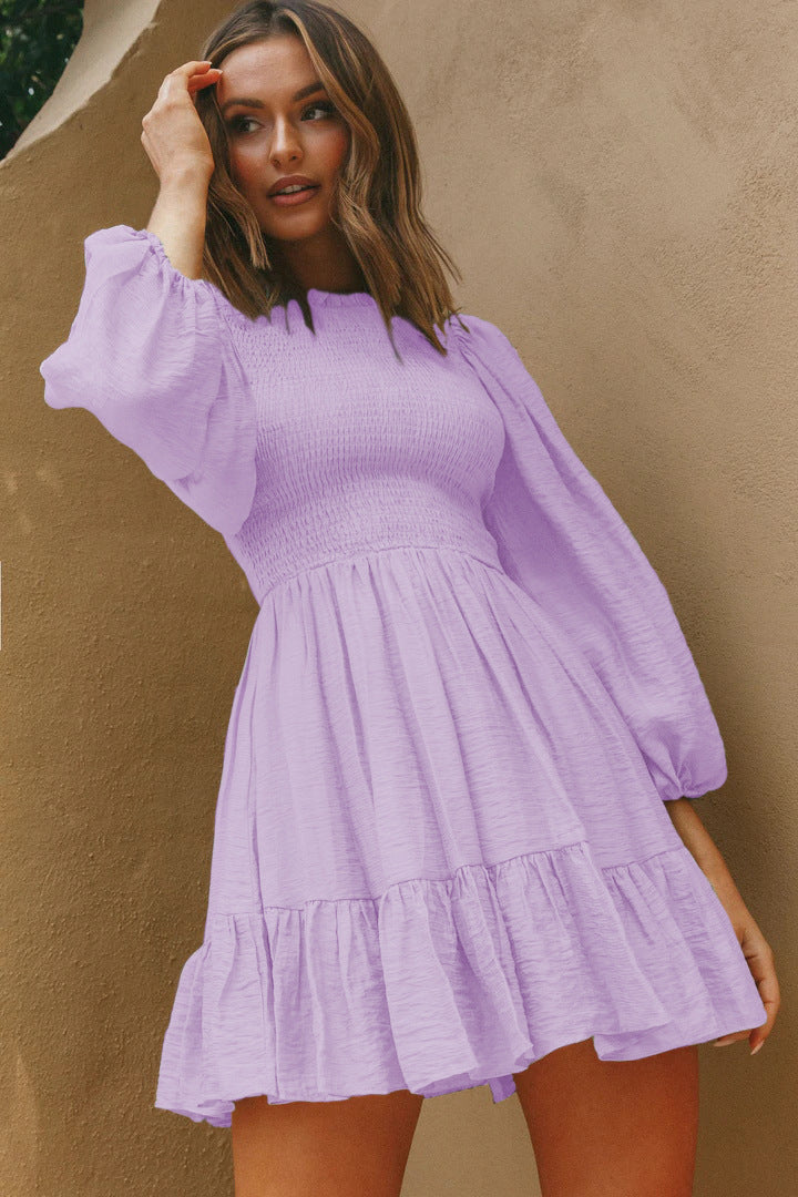 Smocked High Neck Long Sleeve Tiered Fit & Flare Mini Dress