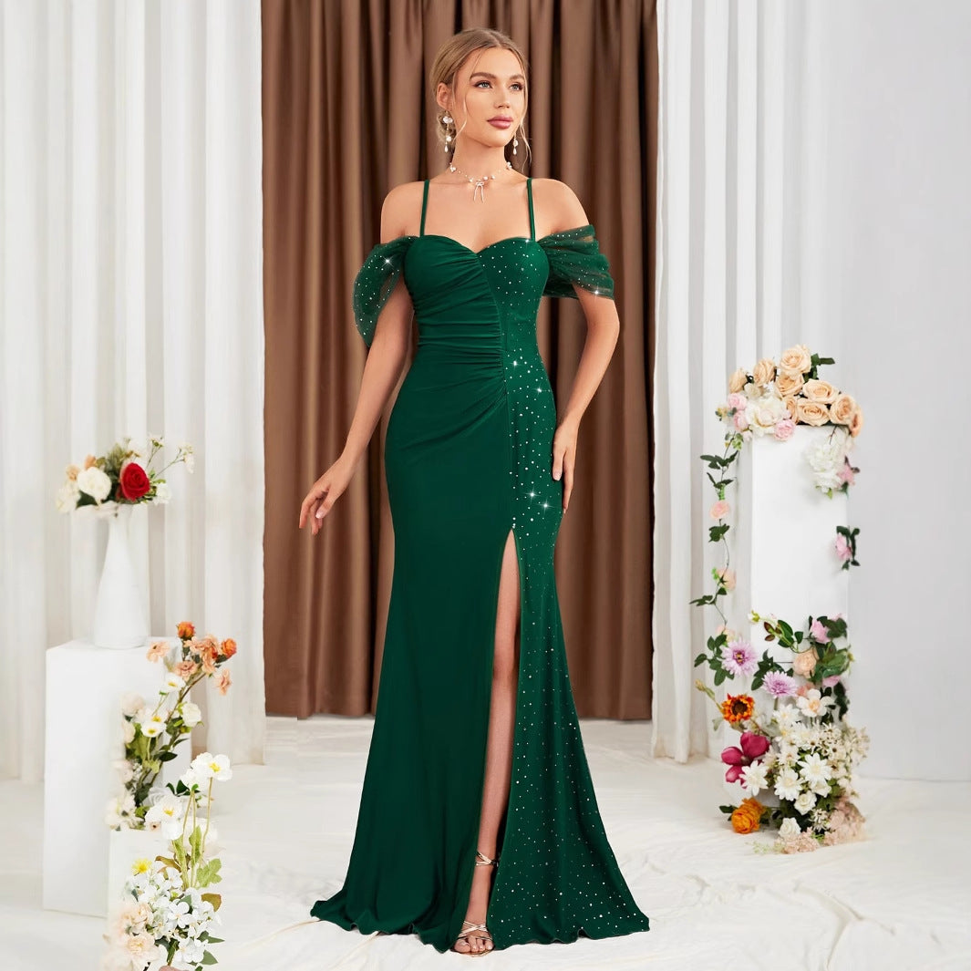 Off Shoulder Spaghetti Straps Evening Dress Slit Slim Fit Fishtail Gown Annual Meeting Performance Host Formal Dress - Fashionpara