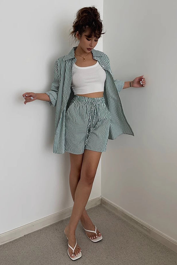Striped Print Outwear Shirts and Drawstring Waist Shorts Two Piece Set