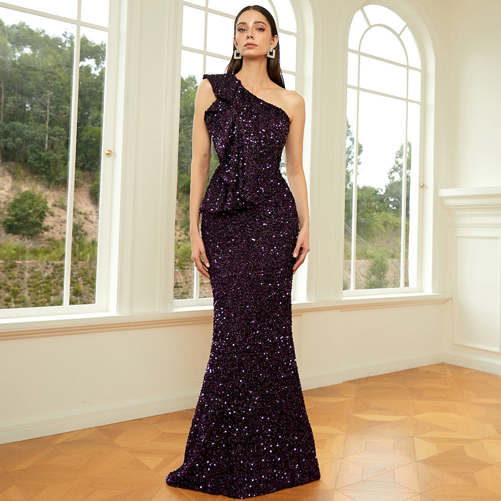 Sleeveless Elegant Long Sequined Diagonal Collar Backless Cocktail Evening Dress Bridesmaid - Fashionpara