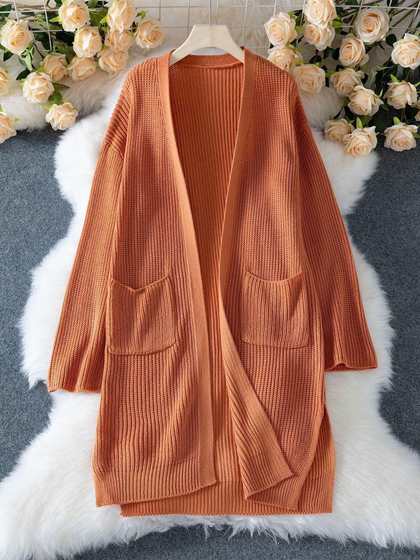 Cozy Orange Knitted Cardigan Coat for Effortless Style