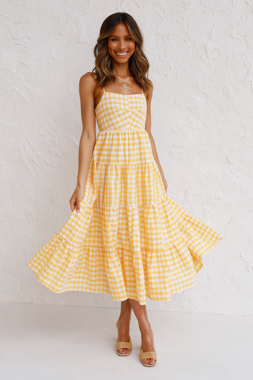 Gingham Square Neck Strappy Tiered Midi Dress