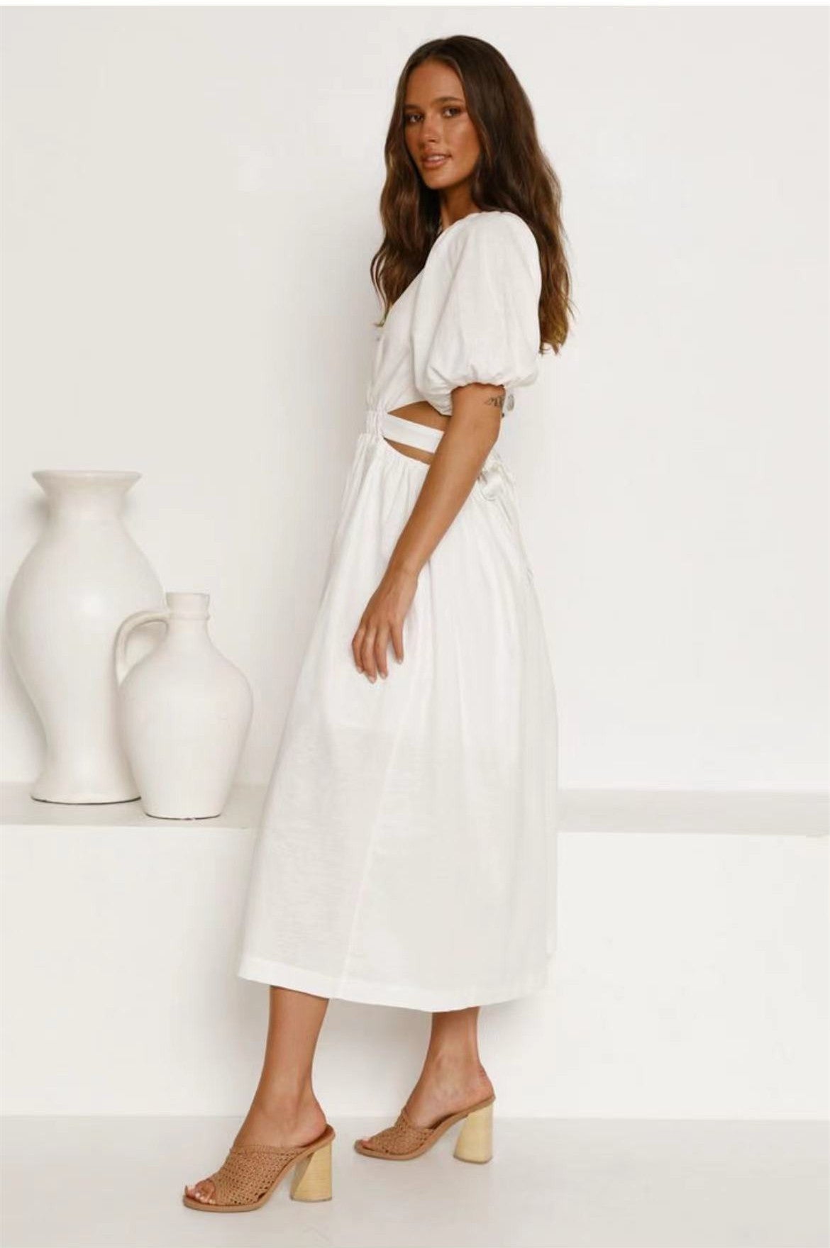 Cute Belted Puff Sleeve Cutout Beach Vacation Midi Dress - White