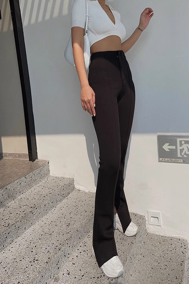 Nature High Waist Buckle Detail Split Hem Pants