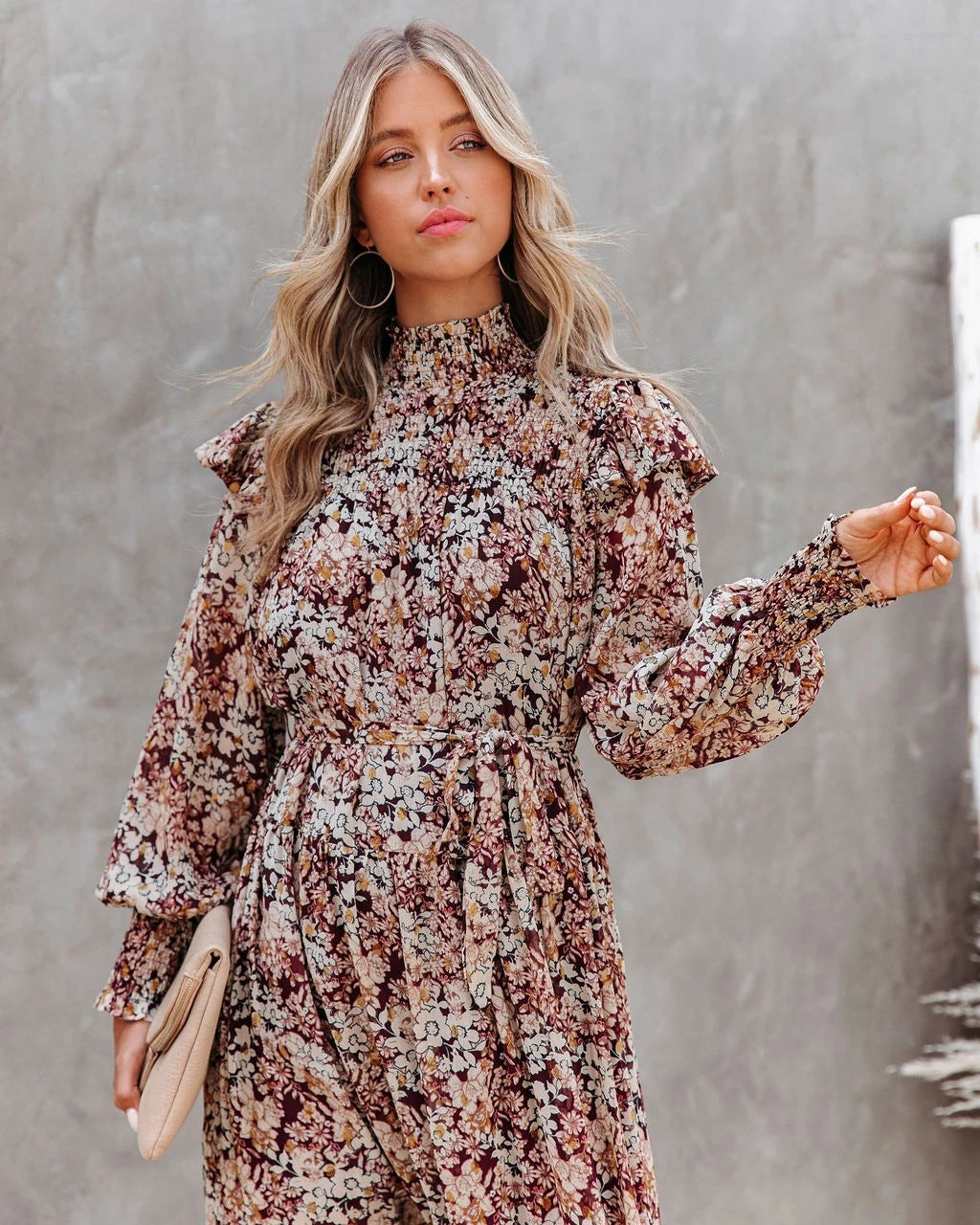 Floral Print High Neck Long Sleeve Tiered Midi Dress