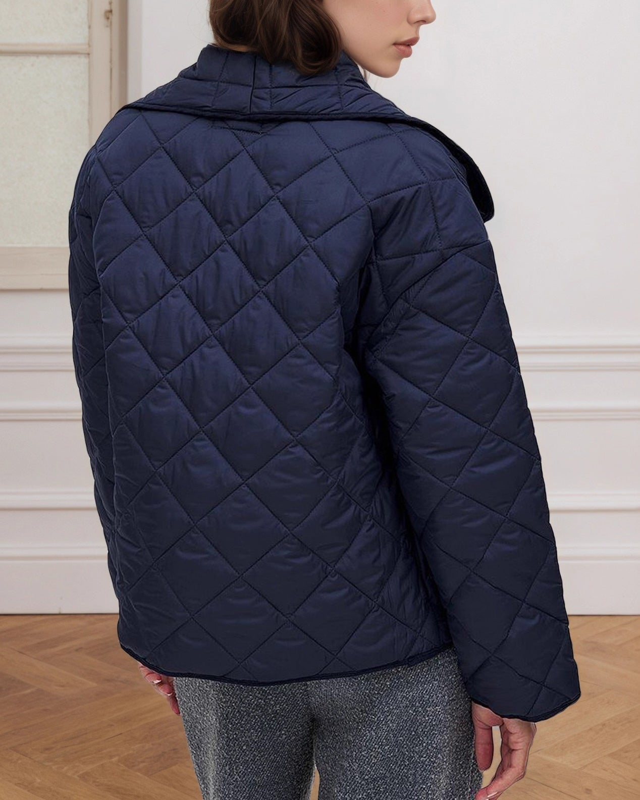 Navy Quilted Cropped Jacket with Large Lapels for Style