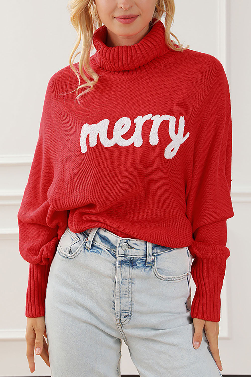 Merry Holiday Bat Sleeve Turtleneck Sweater for Cozy Comfort