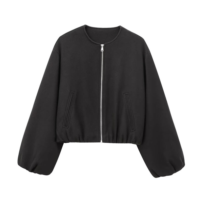 Zip Front Balloon Sleeve Cropped Bomber Jacket