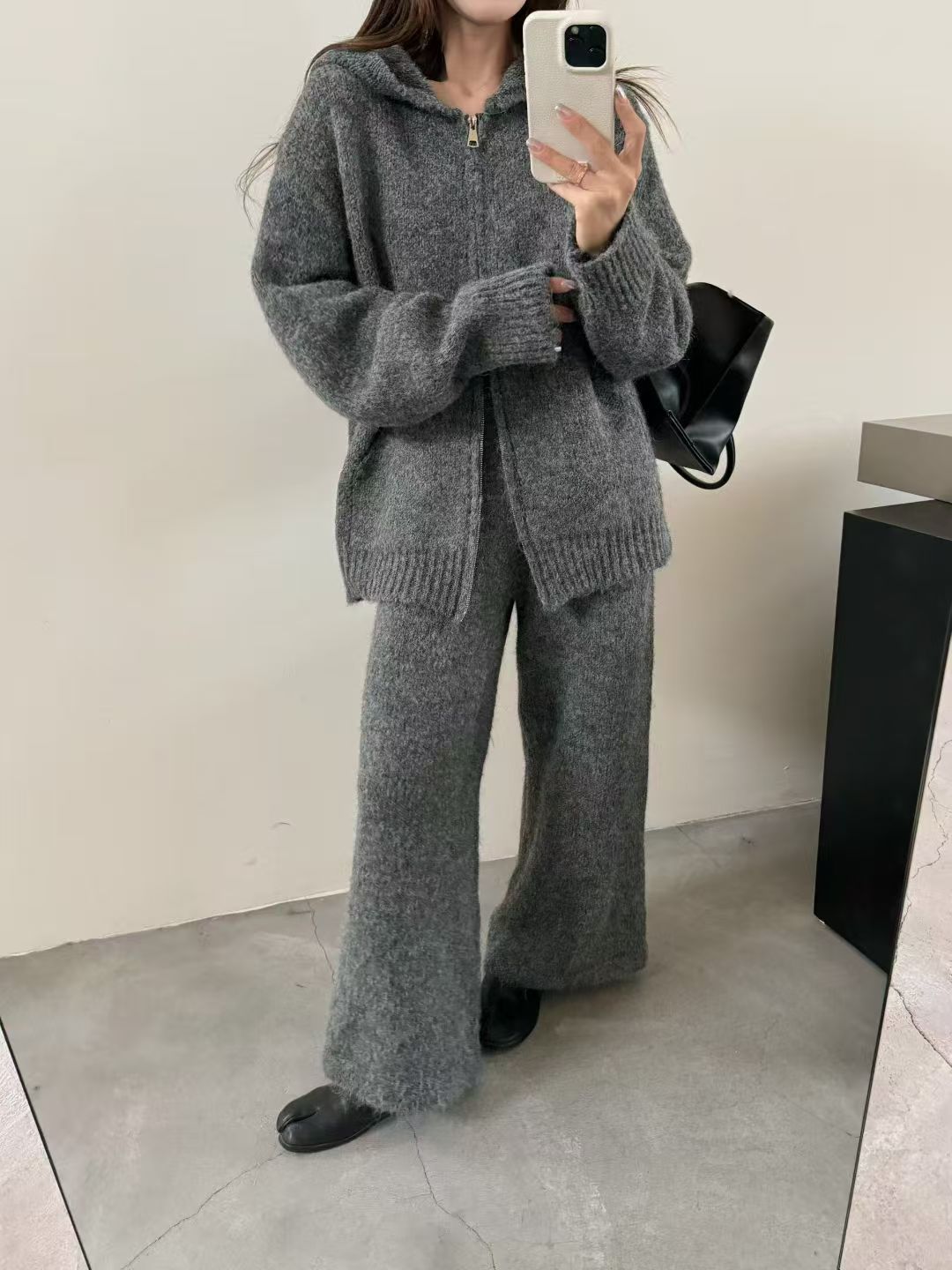 Thick Knit Hooded Cardigan and Wide-Leg Pants Set