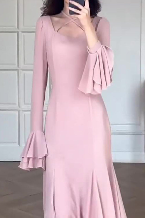 Pink square neckline stacked sleeves slim maxi dress