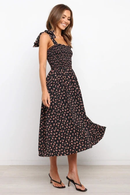 Ditsy Floral Square Neck Smocked Ruffle Strap Midi Dress