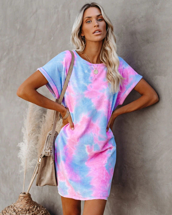 Tie-Dye Crew Neck Short Sleeve Pocket Shift Mini Dress