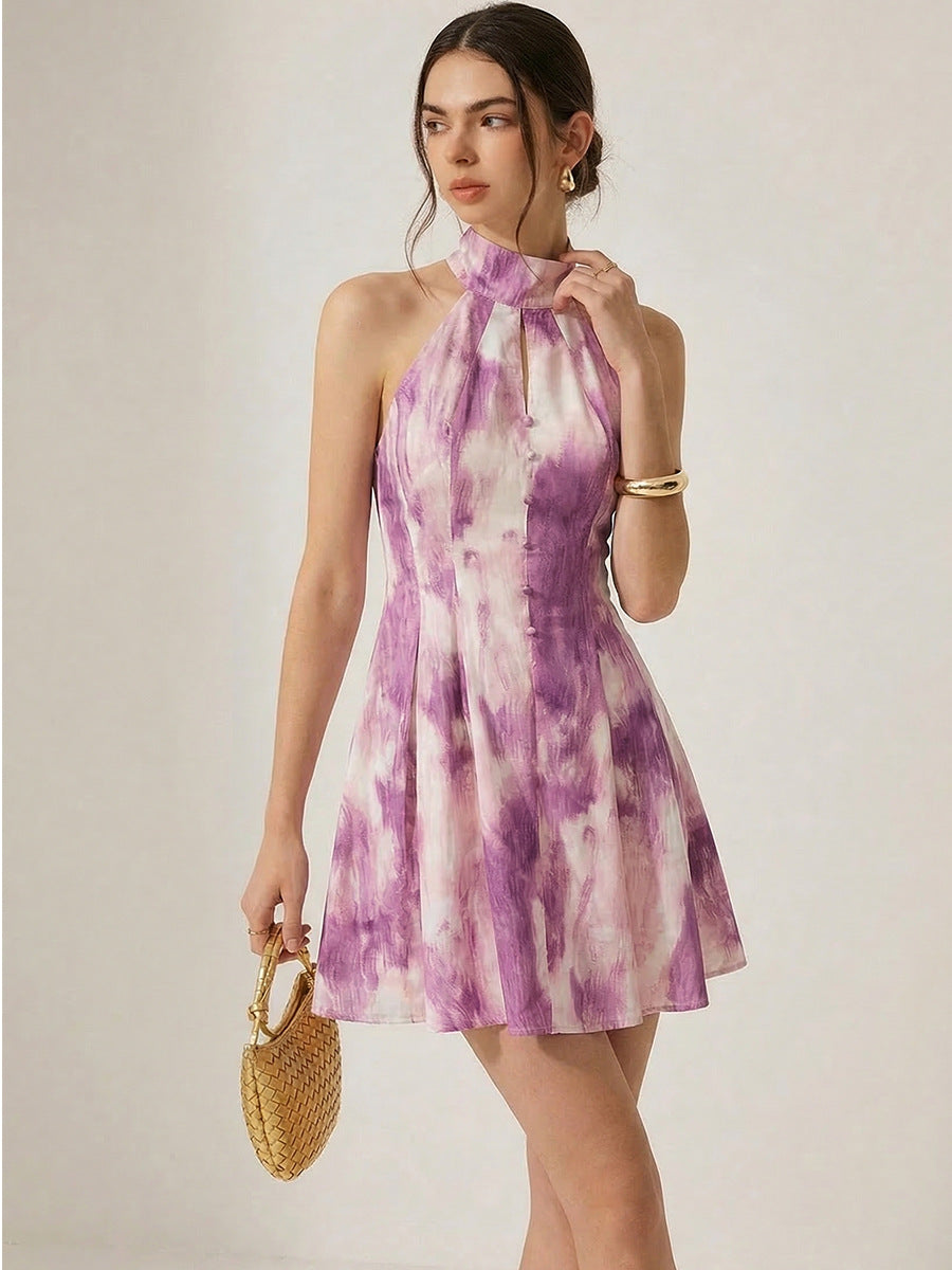 Tie Dye Print High Neck Button Front Mini Dress