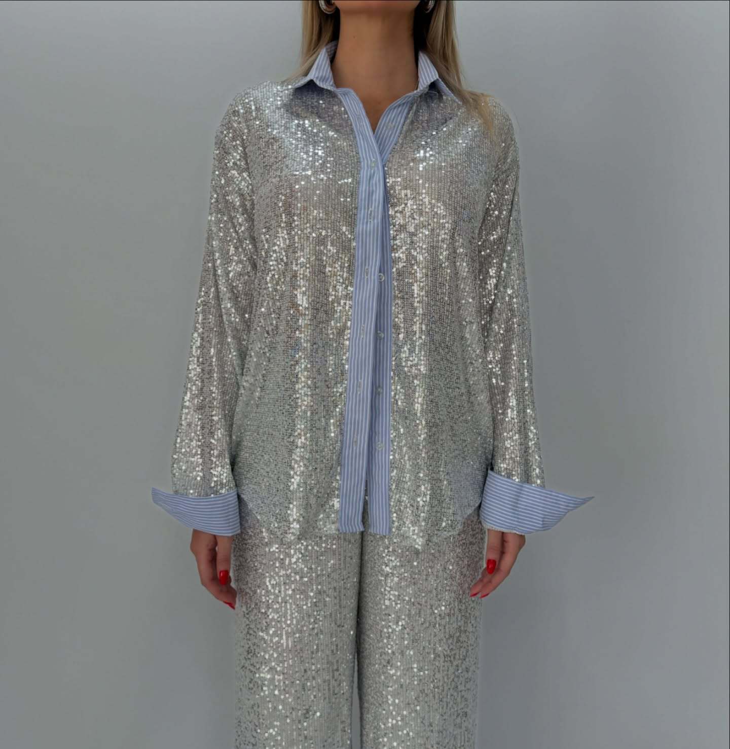 Sequined Two-Piece Suit Jacket and Wide-Leg Pants Set