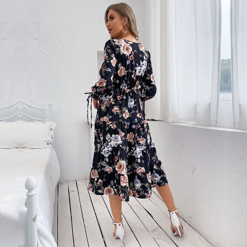 Floral Print Round Neck Long Sleeve Tiered Fit & Flare Midi Dress
