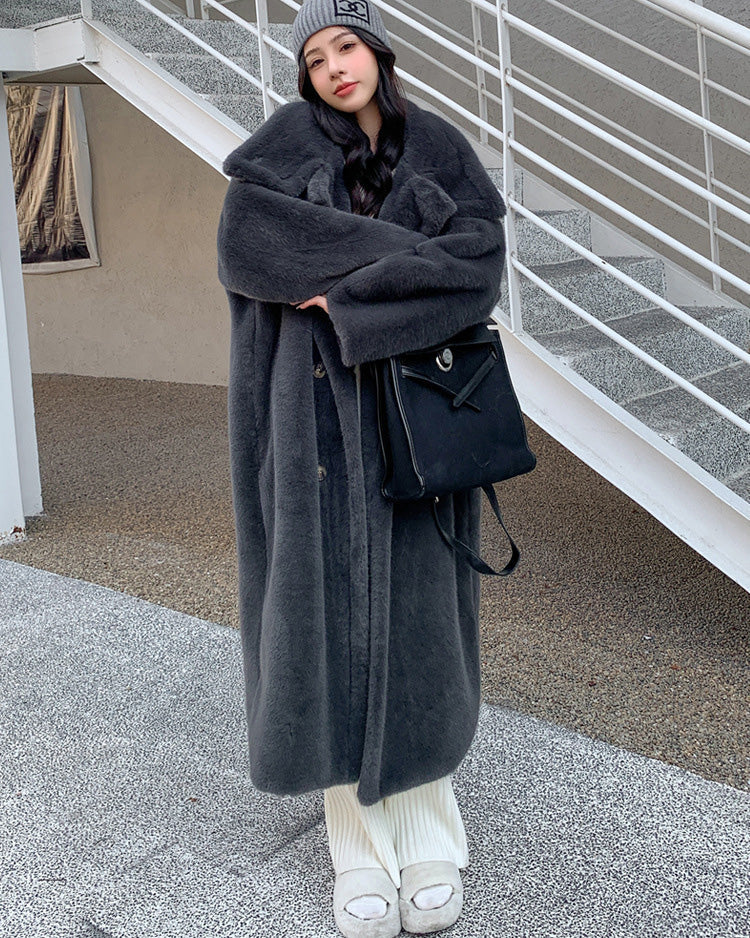 Double-Breasted Faux Mink Fur Long Coat with Stand-Up Collar