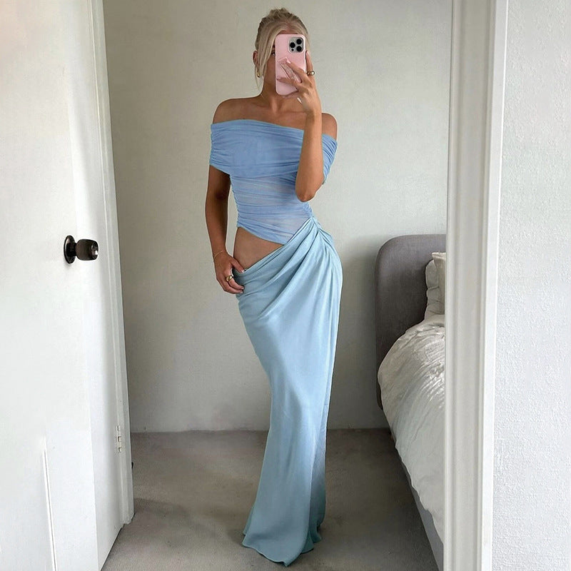 Off Shoulder Ruched Asymmetric Drape Hip Maxi Gown - View 5