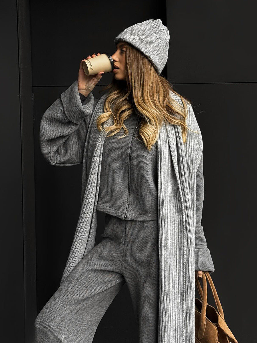 Knitted Long-Sleeve Jacket and Wide-Leg Pants Set for Elegance