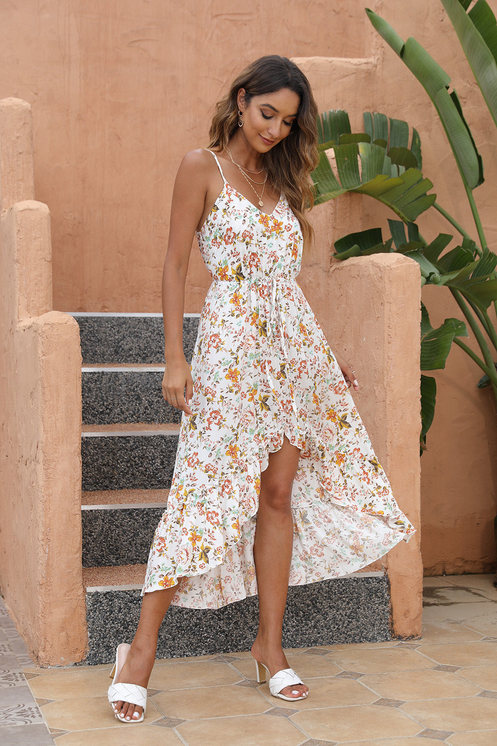 Floral Print V-Neck High-Low Ruffle Midi Dress