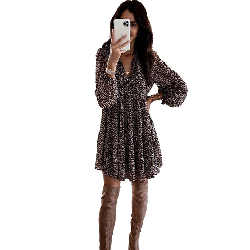 Printed V-Neck Long Sleeve Tiered Mini Dress