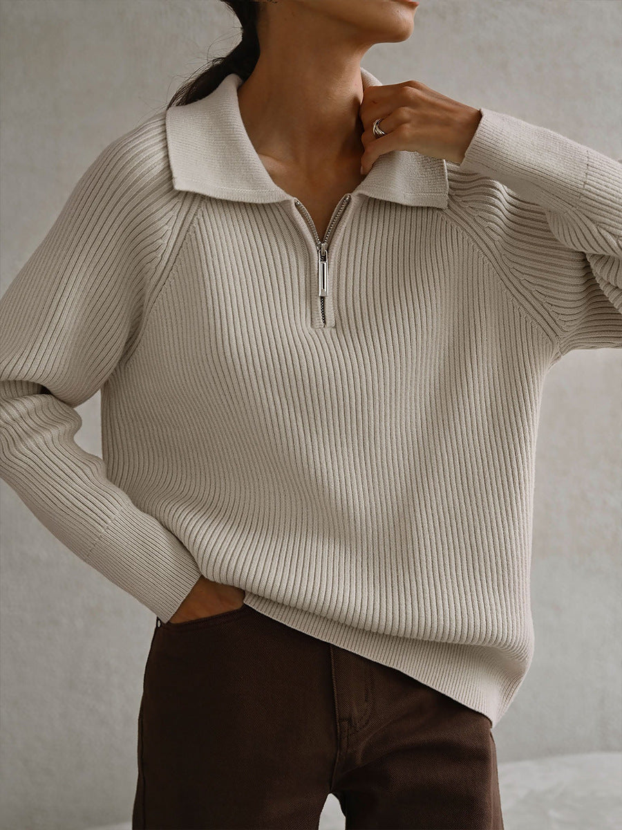 Collared Quarter Zip Ribbed Knit Sweater 5
