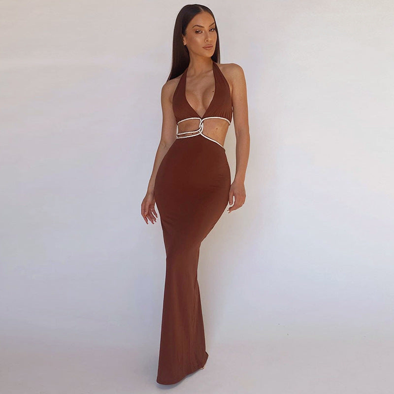 Halter Neck Rhinestone Cutout Bodycon Maxi Dress