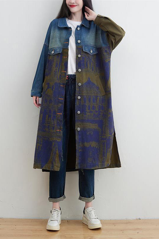 Stylish Knee-Length Patchwork Denim Trench Coat for All Seasons