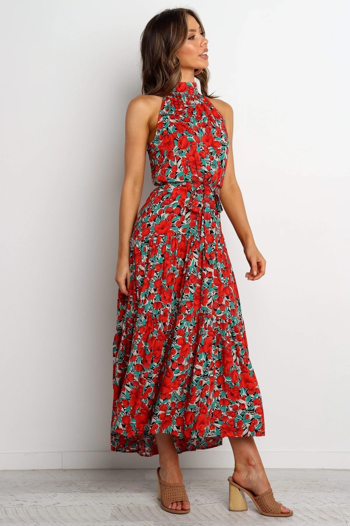 Floral Print Halter Neck Tiered Midi Dress