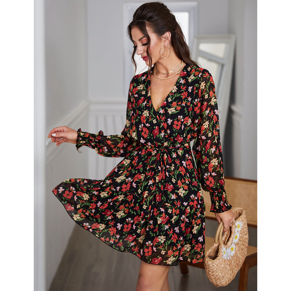 Floral Print V-Neck Long Sleeve Tiered Mini Dress