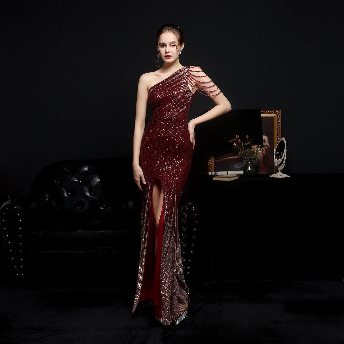 Sequin One Shoulder Beaded Fringe High Split Mermaid Gown