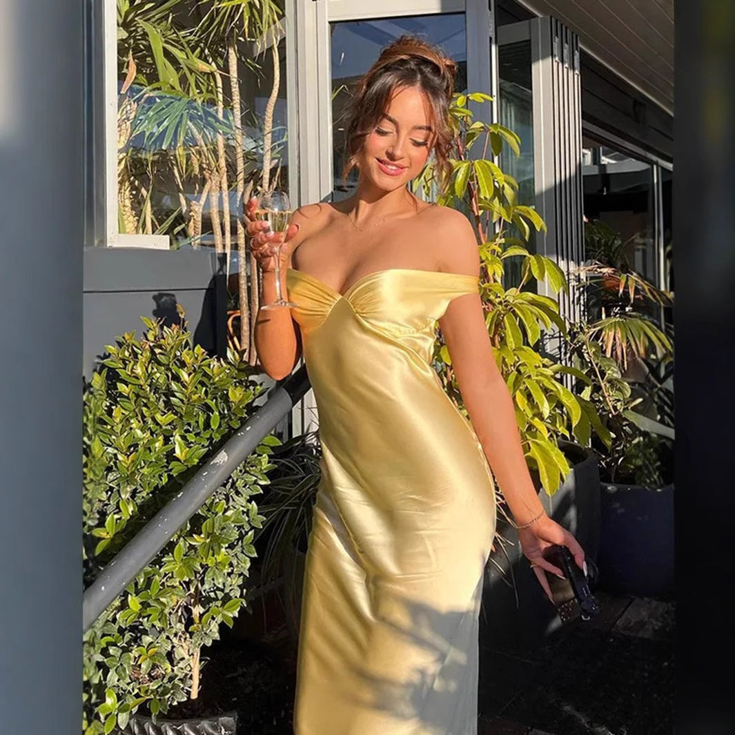 Off Shoulder Sweetheart Twist Front Satin Maxi Dress