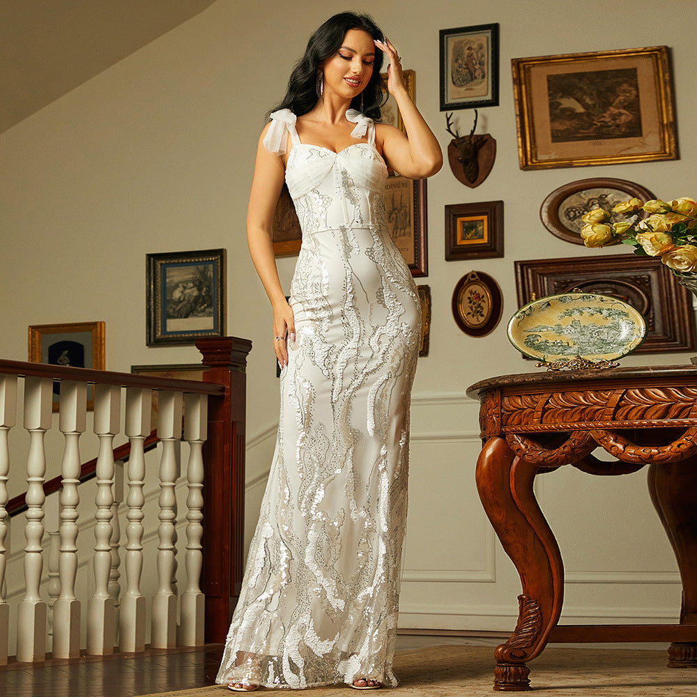 Sleeveless Elegant Long Sequined off Neck Backless Evening Dress Bridesmaid Dress Sequin Tie - Fashionpara