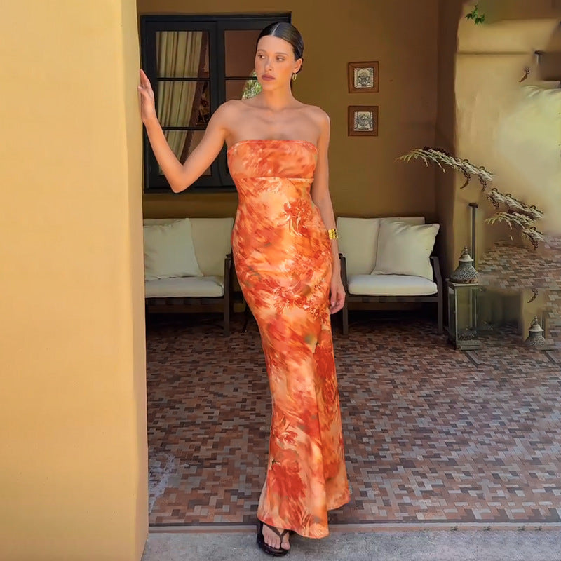 Watercolor Print Strapless Empire Column Maxi Dress 3